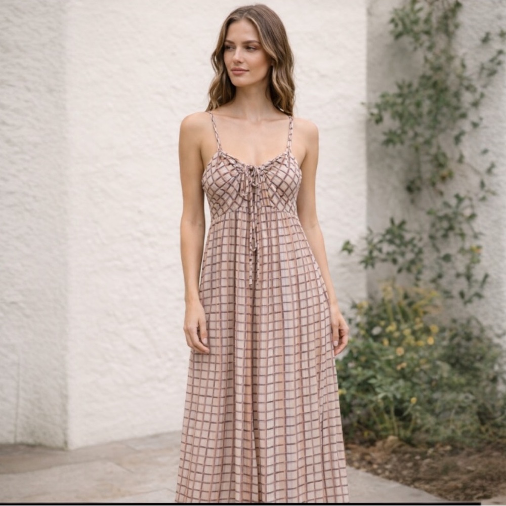 Nekane Check Midi Dress Spaghetti Strap Tie Bust Boho Midi Embroidered Medium